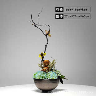新中式样板房摆件前台花器仿真花艺现代陶瓷售楼处假花龙柳枝摆设