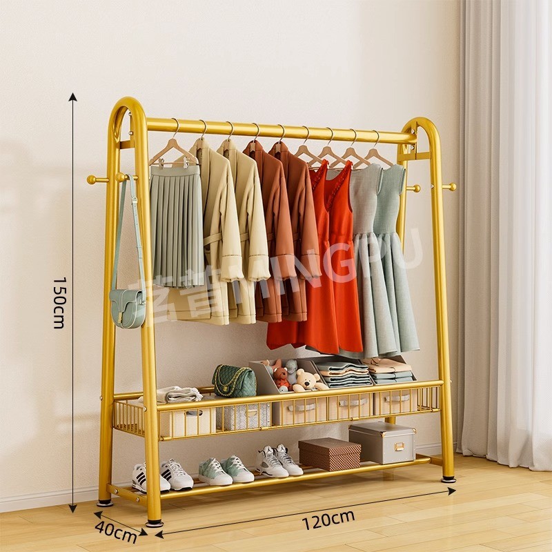 简易落地家用晒衣架阳台卧室挂衣架子室内晾衣架单杆式衣帽架金色