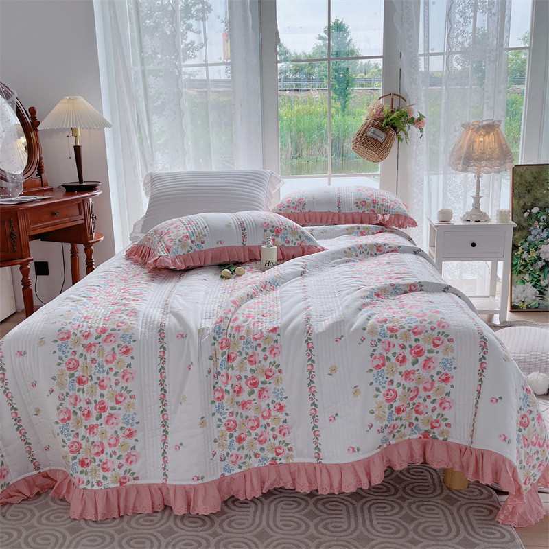法式复古风全棉绗缝床盖床上用品三件套单床盖枕套花边四件套