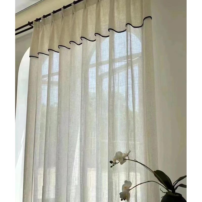 窗帘纱帘法式亚麻纱原木飘窗米白纱客厅卧室纱儿童房黑边轻奢定制