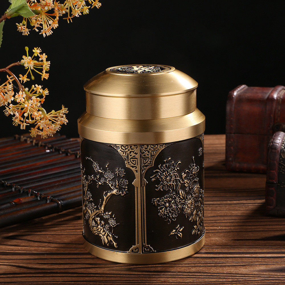 黄铜画黑油梅兰竹菊茶叶罐家居客厅办公室浮雕茶叶筒茶室茶具摆件