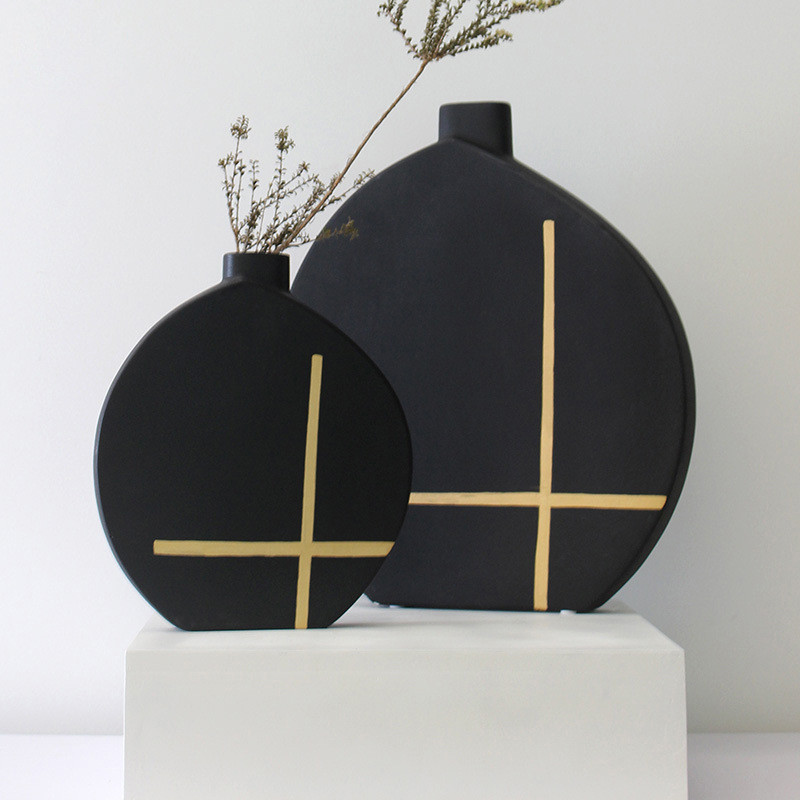 热销现代极简白色陶瓷摆件家居摆件扁鼓陶瓷花瓶软装摆设工艺品时