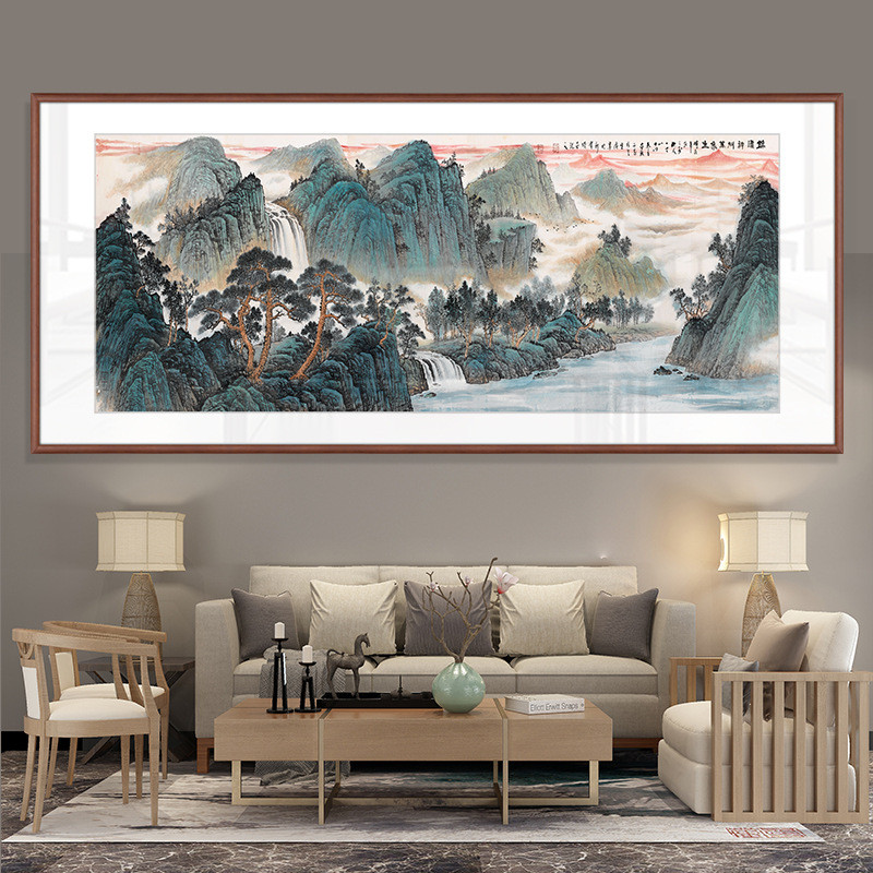 实木框办公室山水水墨画新中式客厅客厅挂画横幅聚财