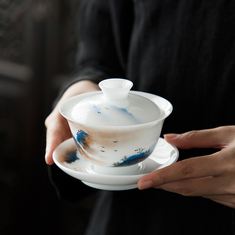 手绘锦绣山河三才盖碗茶杯高端德化陶瓷中国白大号泡茶敬茶碗