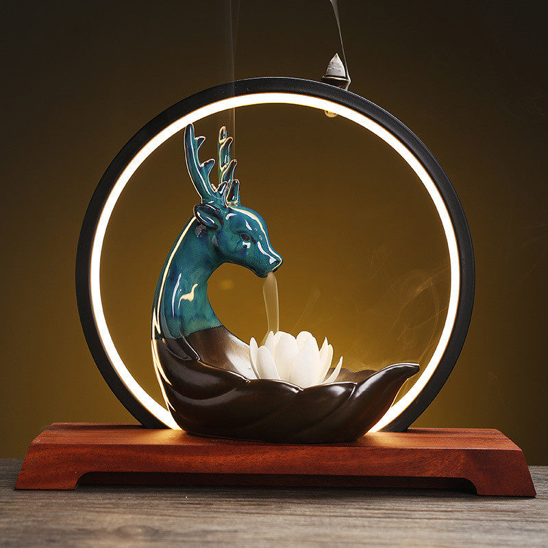 陶瓷梅花小鹿倒流香薰炉创意灯光灯圈香炉家居工艺品禅意摆件