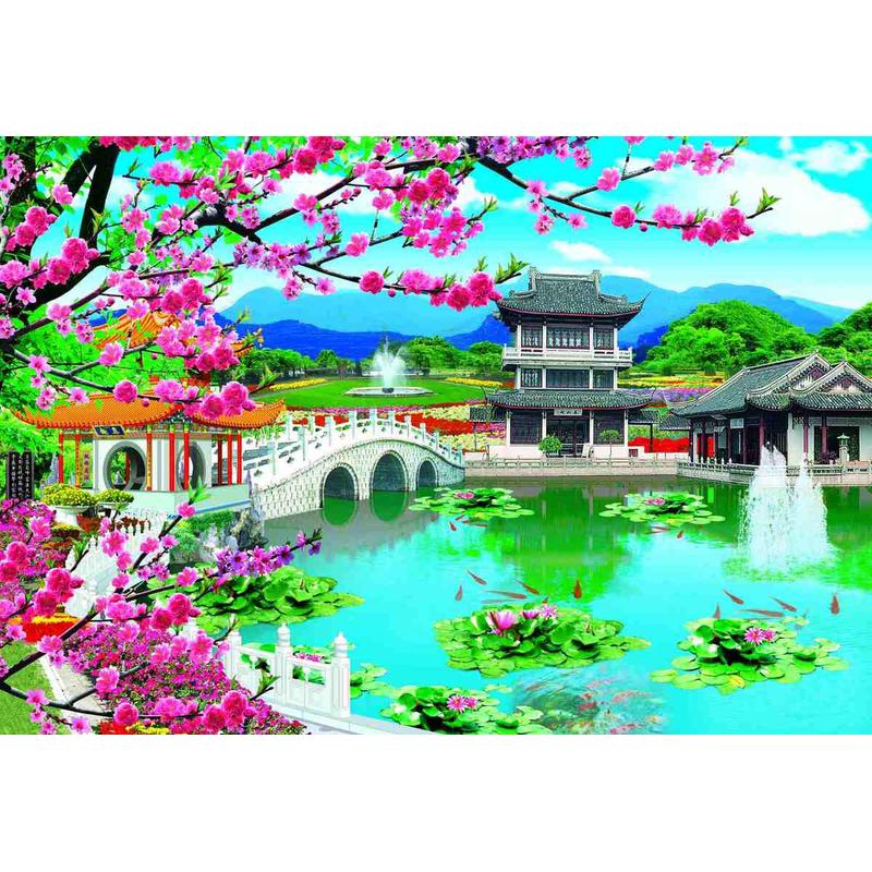 装饰画小桥流水房屋亭台楼阁山水画瀑布纸质防水贴画平面装饰墙画图片
