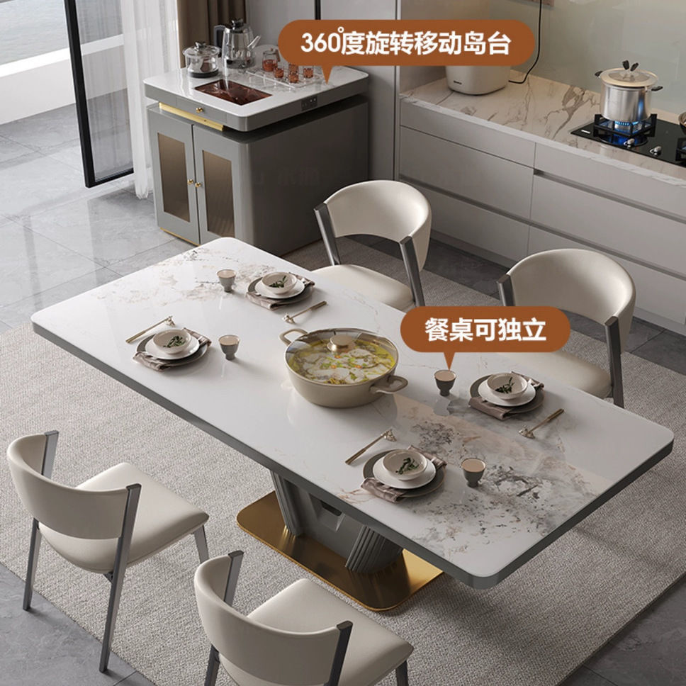 家用岩板岩饭桌餐桌多功能台岛两用用家一体式移动意简板茶桌餐桌