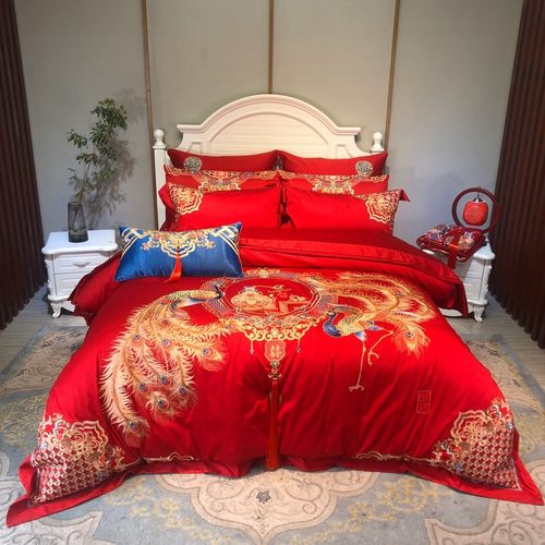婚庆四件套大红色床单全棉龙凤绣花喜被套贡缎婚房提花结婚床上用