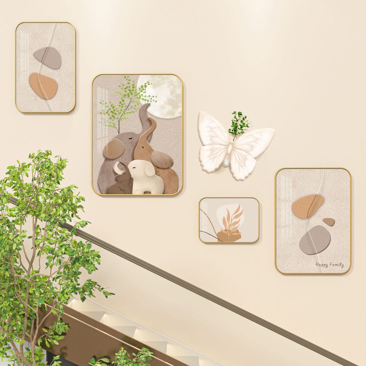 楼梯楼道楼梯间装饰画奶油风蝴蝶浮雕花壁画复式楼轻奢过道挂画图片