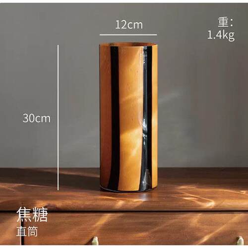 中古焦糖花瓶桌面琉璃花器客厅插花条纹复古摆件高级感