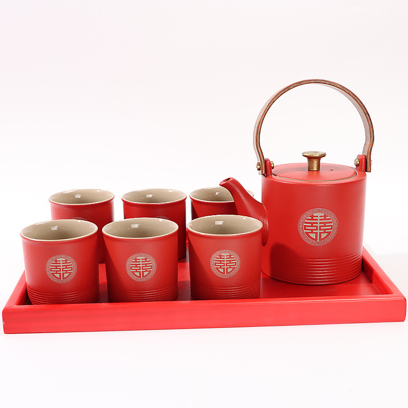 5dbj批发结婚改口敬茶杯盖碗红色喜对碗托盘茶杯碗筷套装陪嫁婚