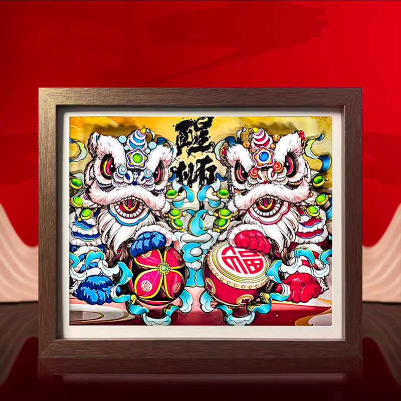 国潮醒狮摆件工艺品剪纸文创木质多福桌面客厅创意摆台精美摆件