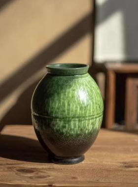 中式禅意陶瓷花瓶复古侘古风风粗陶罐中寂窑变绿色客厅花器摆件