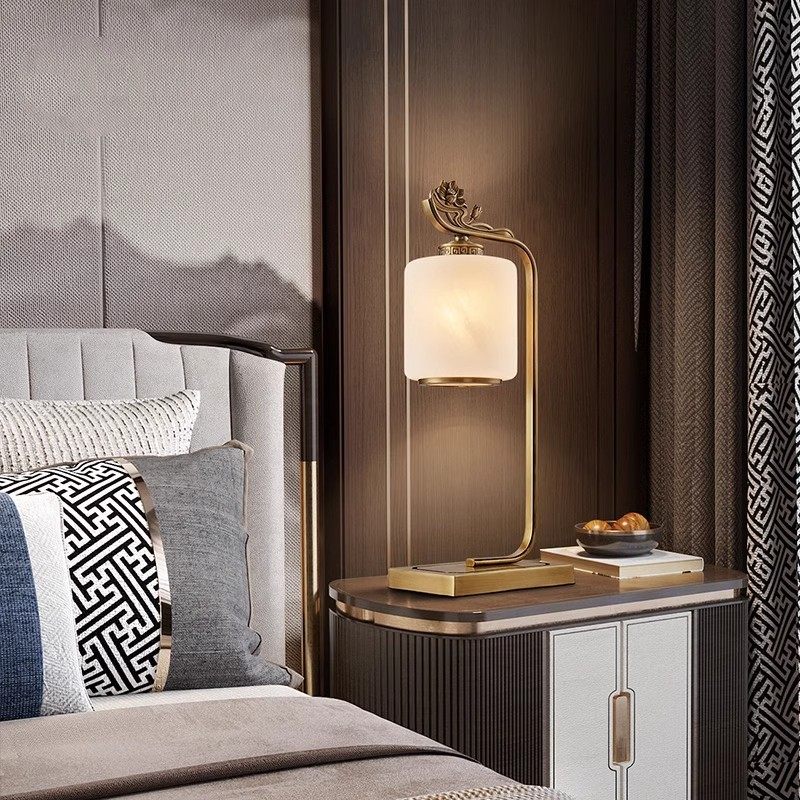 热销新中式全铜云石台灯触摸开关卧室复古中国风床头灯莲花台灯