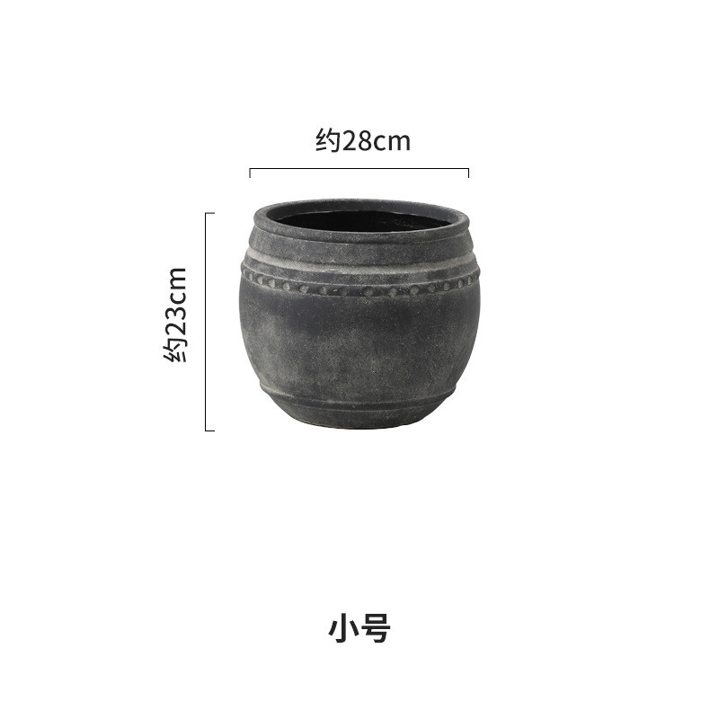 复古做旧寂仿古罐镁泥花盆大号口径落地绿植橡皮树尤加利侘黑色风