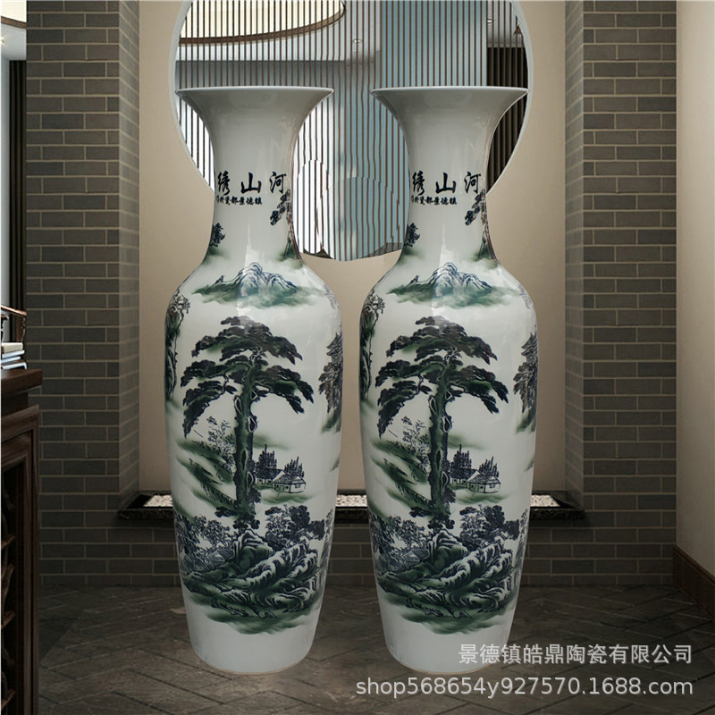 批发景德镇迎客松仿古墨彩陶瓷大花瓶客厅家居落地摆件开业礼品