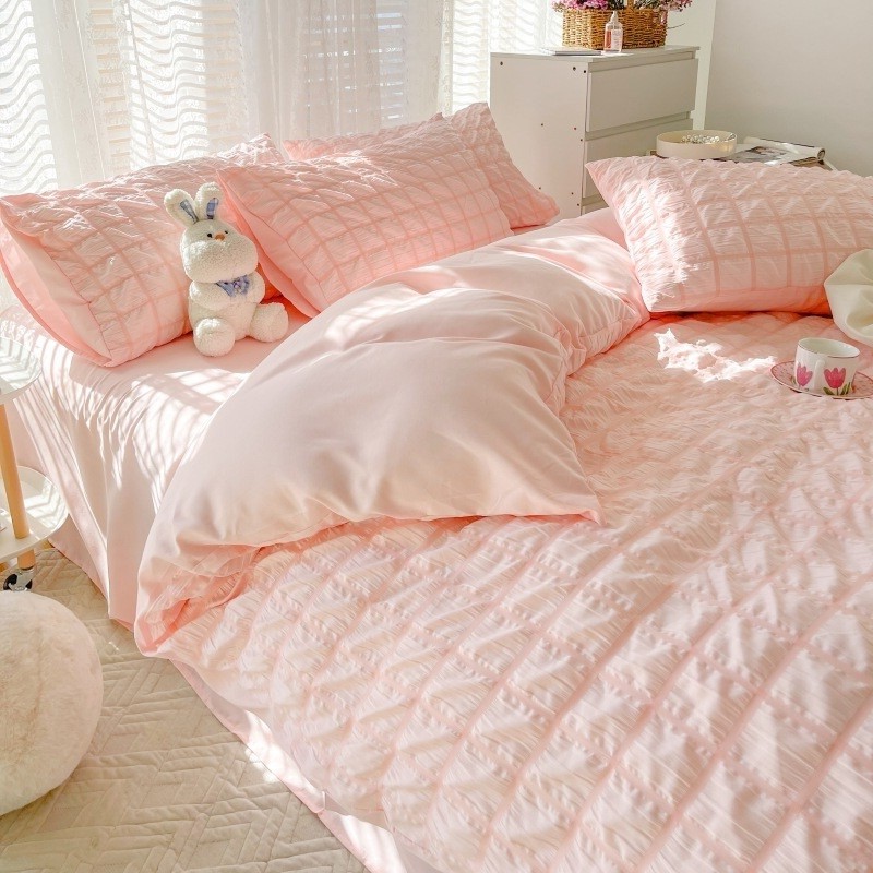 4y夏季ins少女心床单学生宿舍四件套被套泡泡纱床上用品被罩三件