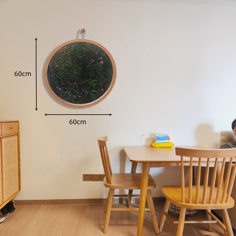 北欧悬挂式镜子浴室圆形免打孔梳妆镜贴墙壁挂镜入户宿舍化妆竹镜