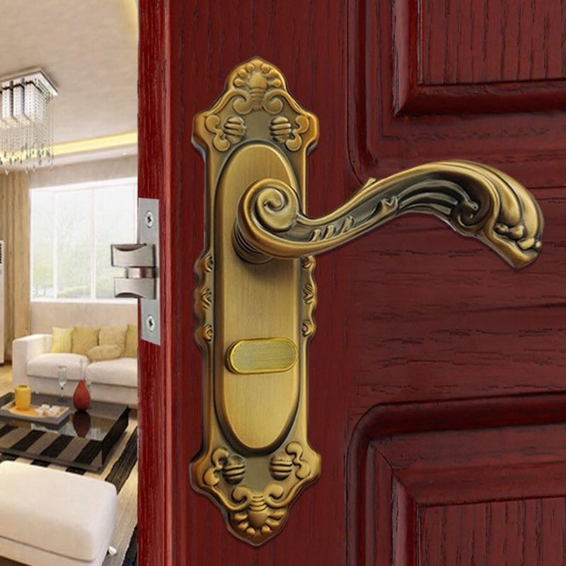 欧式单舌房间静音卧室房门锁家用门锁室内门把手黄红古铜加厚套装