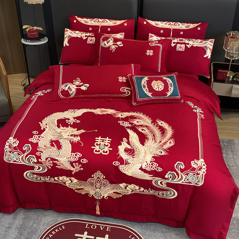品龙凤刺绣新婚结婚喜庆套件床上用品被套百子床婚庆四件套大红