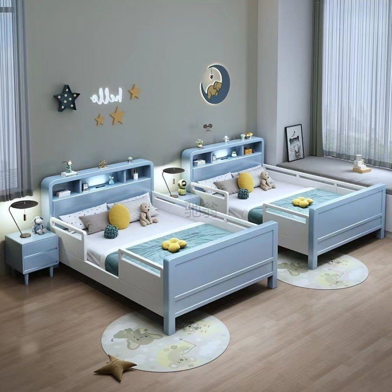 3l儿童蓝色实木床带护栏幼儿单人床1.2米小孩床1.5拼接床小户型木