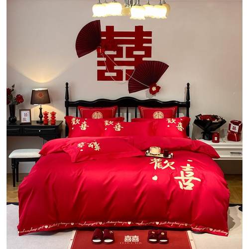2024新款绣花全棉红色婚庆四件套系列1.8m床单款四件套简爱