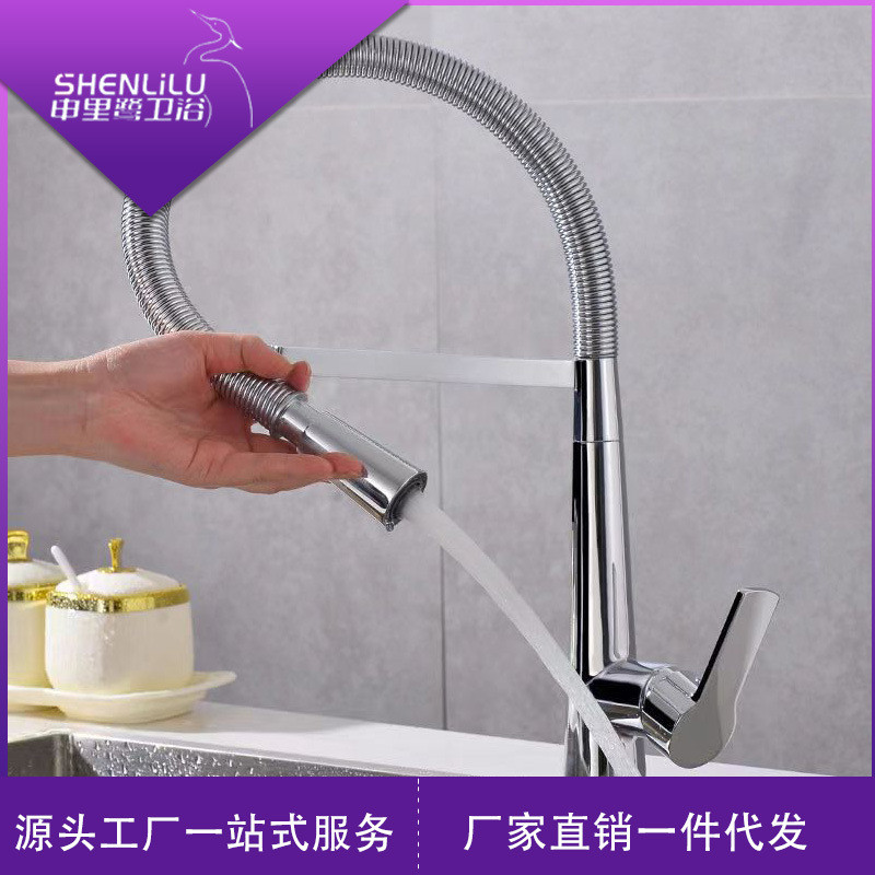 跨境全铜加密弹簧厨房水龙头水槽抽拉式冷热水龙头防飞溅欧美金色