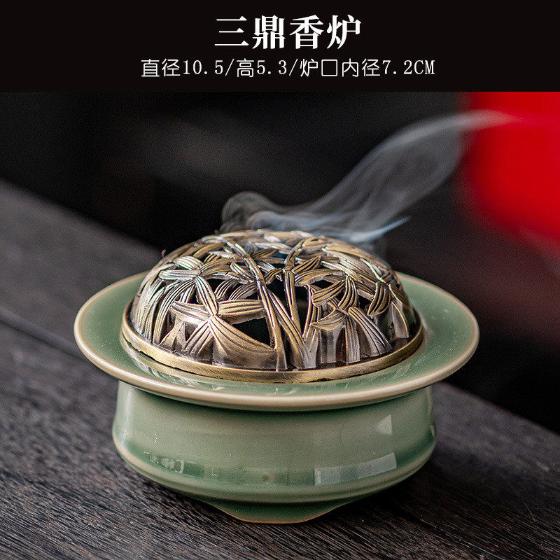 禅意三青瓷熏香炉越窑足檀香沉香盘香炉家用室内陶瓷香篆工具香炉