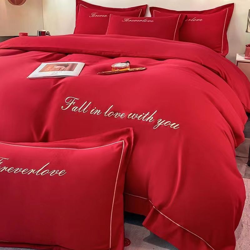 大红色婚庆四件套喜庆床单婚房结婚中式水洗棉被套床上用品