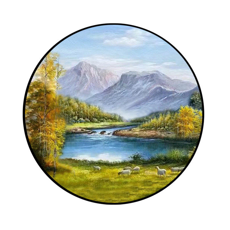 定制手绘油画风景玄关挂画绵羊秋赏客厅餐厅装饰画圆形艺术画厂家