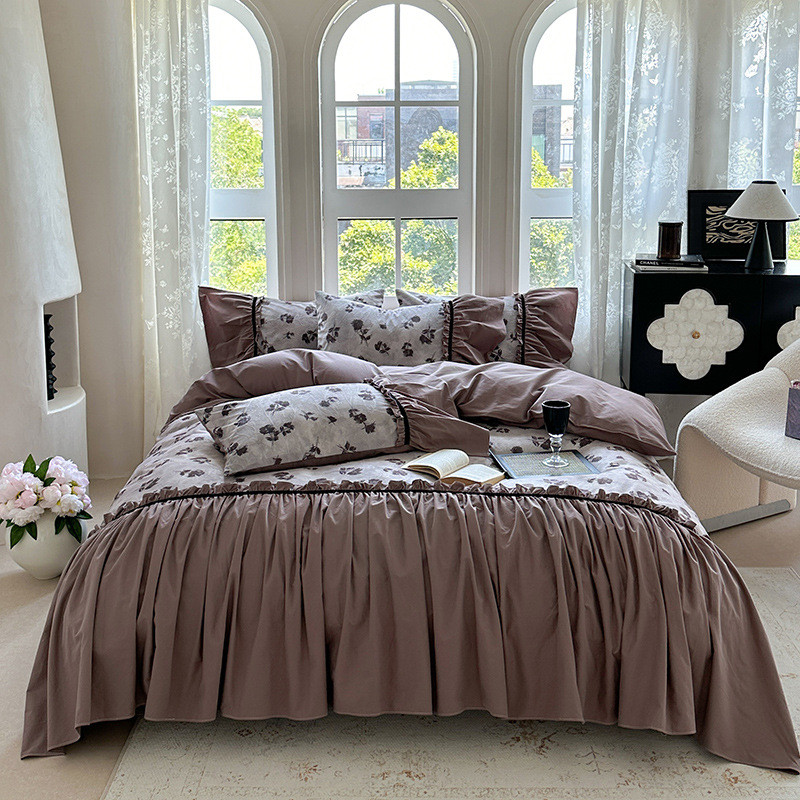 公主风100s全棉花卉四件套玫瑰提花磨毛印花花边被套床单床上用品