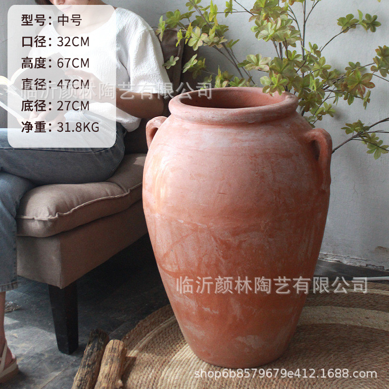 美版大陶罐落地大陶器景观庭院粗陶大高盆红陶大罐花盆大号陶罐子