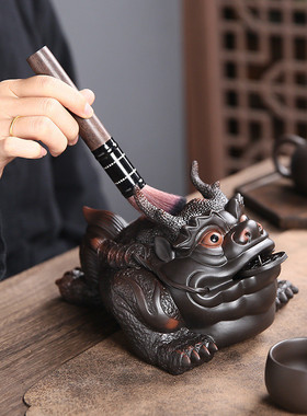 热销茶大号紫砂金蟾茶宠摆件精品可养招财三足龙蟾手工玩茶桌茶盘