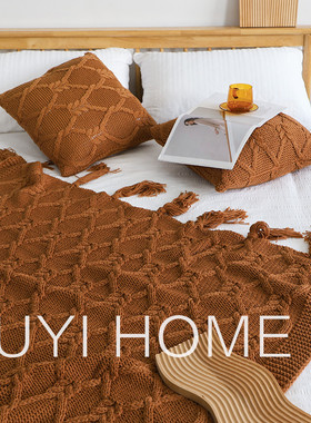 ce2q美式复古秋冬加厚粗毛线编织毯沙发毯流苏床尾毯民宿棒针抱枕