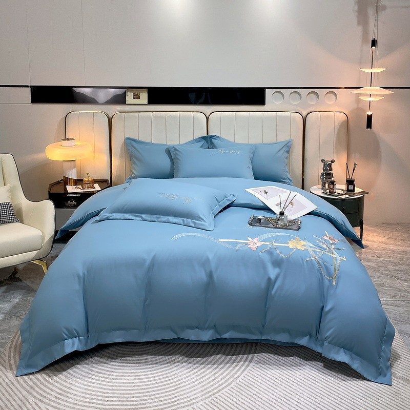 水长绒棉四件套江南宽边纯色绣花韵床单被套床品厂家加工定制