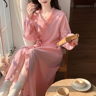 睡袍女秋冬季 晨袍家居服睡衣 纯棉甜美系带浴衣浴袍长款 春夏天薄款
