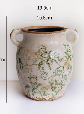 法式复古花瓶陶瓷冰裂纹做旧双耳花瓶水培插花摆件花瓶批发