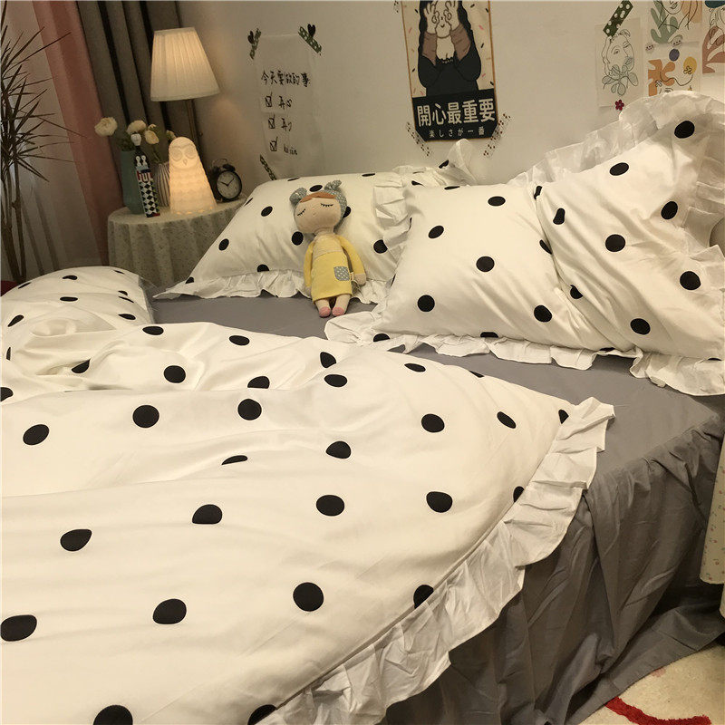 2eie韩式床裙黑白波点被套1.5m1.8米四件套少女心床单公主风