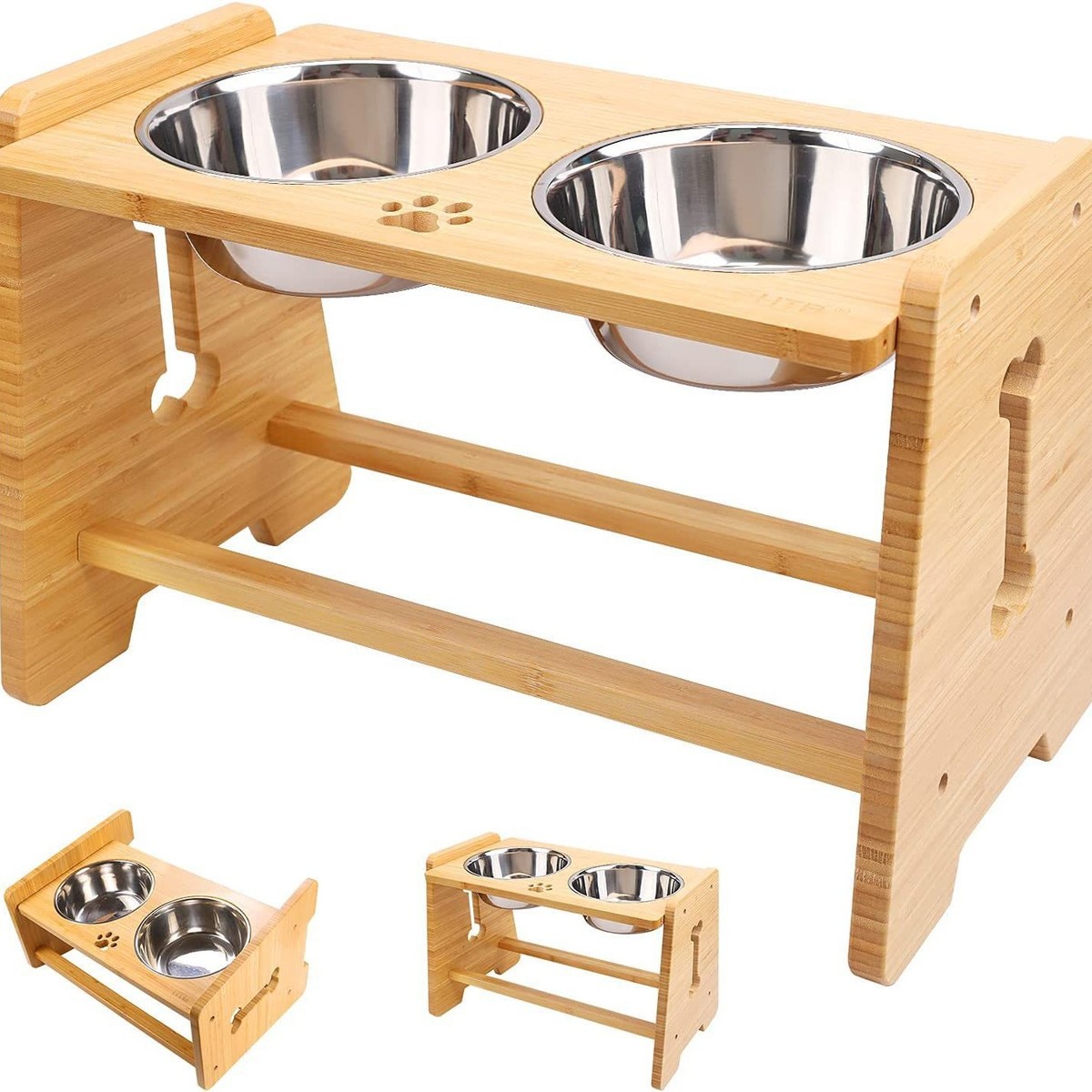 大型犬水碗架竹制狗狗喂食架木质狗碗高架可调节高度餐桌狗狗