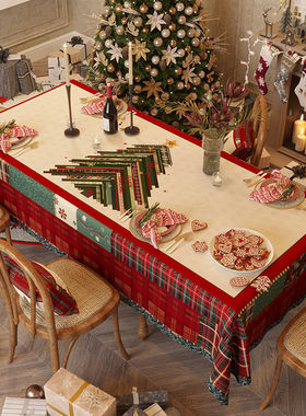 热销红色桌布防水风圣诞茶几桌布轻奢高级感长方形雪尼尔桌布餐桌