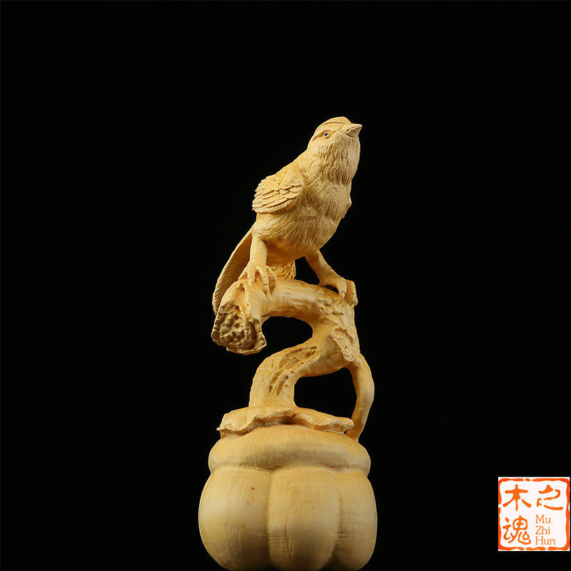 黄杨木雕刻喜上眉梢车内饰品家居手把件喜鹊登梅喜事连连摆件中式