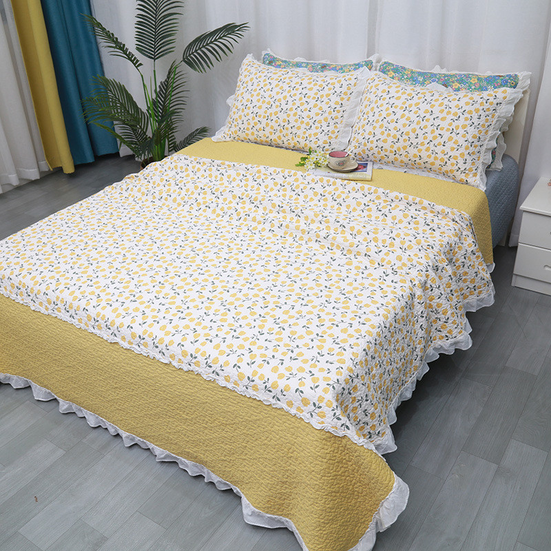 外贸韩式床盖小碎花田园三件套公主风裙边全棉双人绗缝空调被床单
