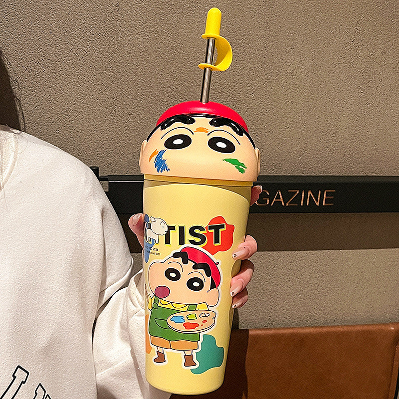 蜡笔小新水杯2024新款吸管女生可爱便携杯子不锈钢保温杯家用学生