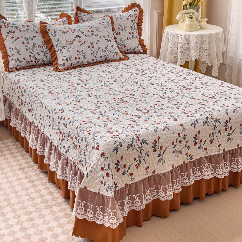 iyr7被套纱水洗棉棉麻床盖三件套榻榻米炕盖双层夹棉床单四季