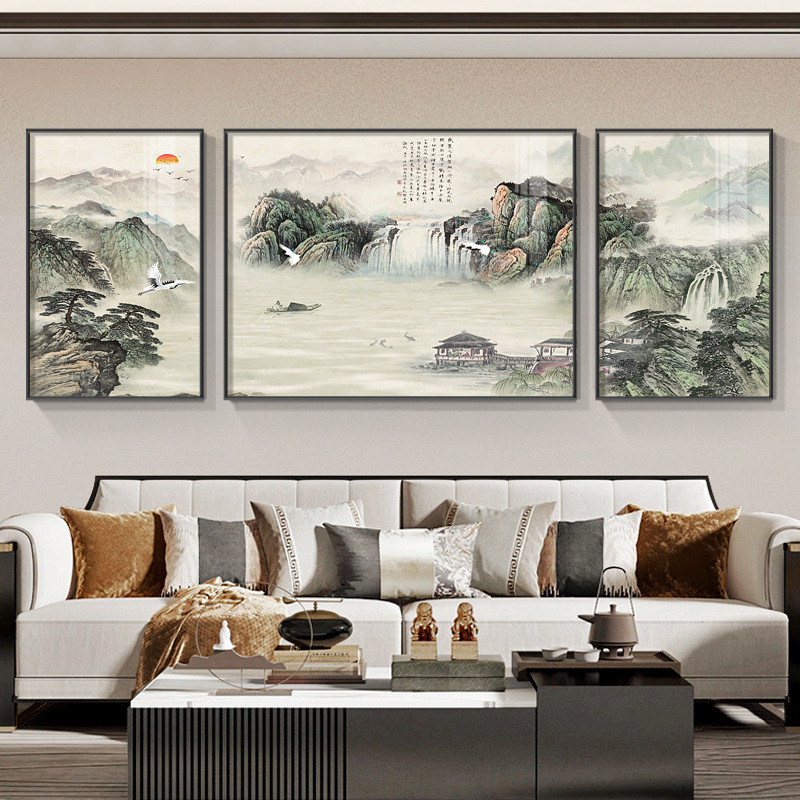 陈少梅望云楼山水画客厅三联装饰画沙发背景墙国画新中式茶室挂画