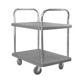 灰色双层塑料手推车仓库拉货车多功能小推车家用平板车带护栏推车