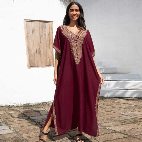 沙滩罩衫人棉长袍绣花度假金色l4068l