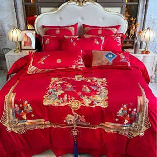 结婚子图婚庆床上用品百六件套四件套被套100支红色婚礼大红嫁妆