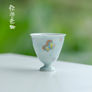 弥言有田烧手绘蝴蝶主人手工陶瓷高足大号茶杯家用品茗杯个人专用
