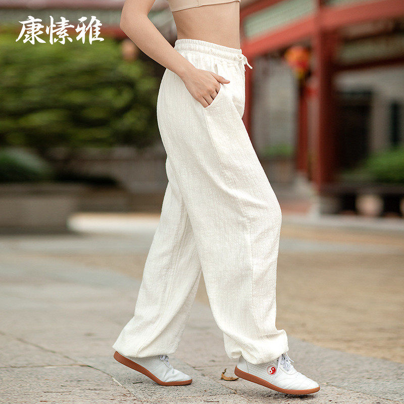 宽松阔腿裤愫雅太极裤男宽松棉麻秋冬康瑜伽裤女束脚加厚跑步运动